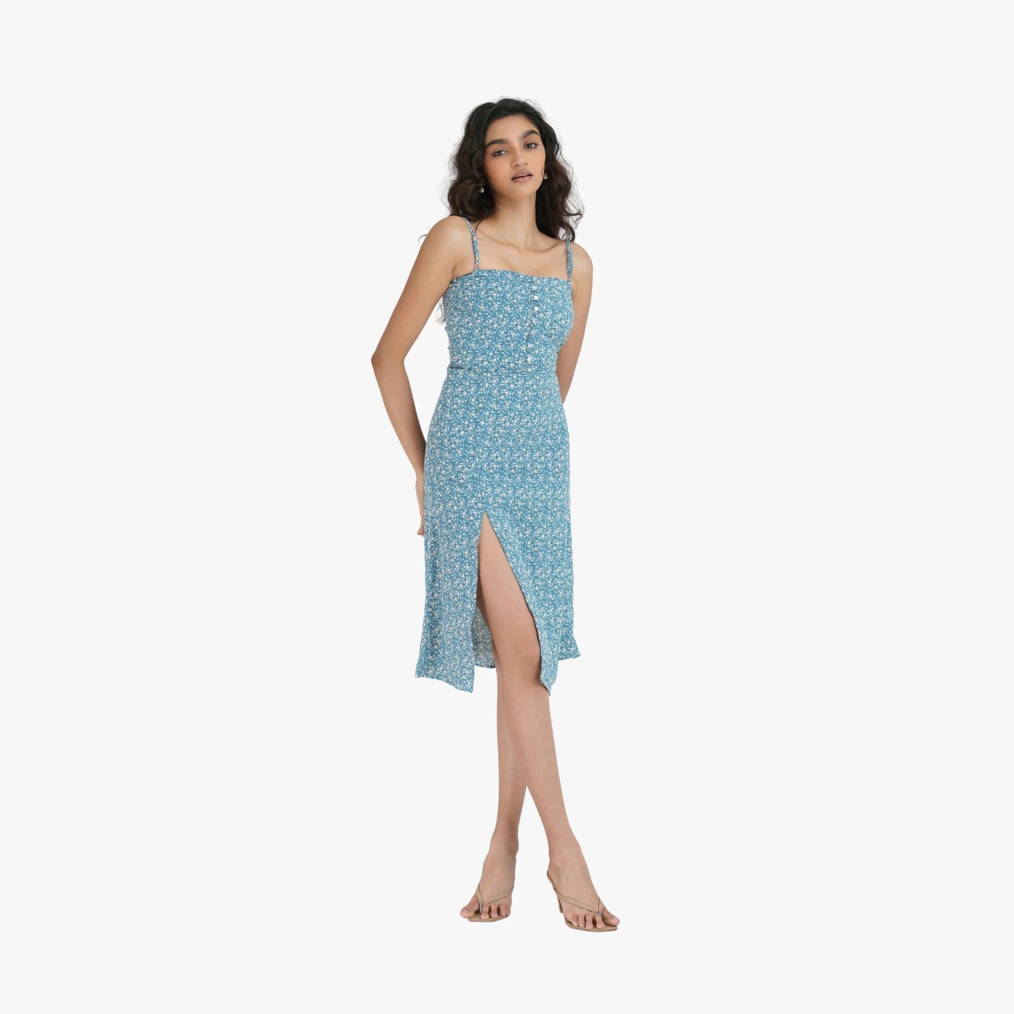 Ocean Blue Floral Print High Waist Midi Skirt