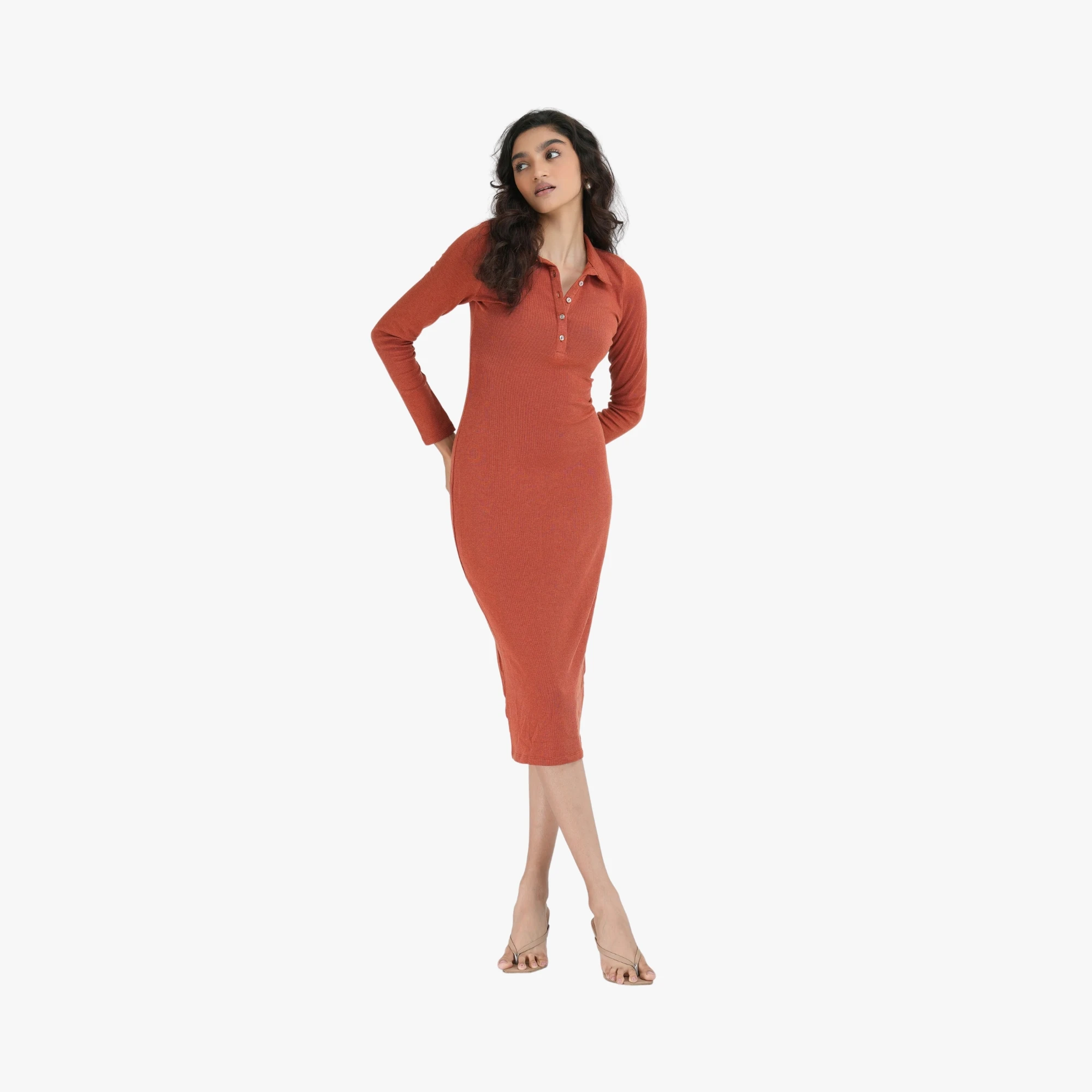 Reddish Brown V Neck Sweater Dress