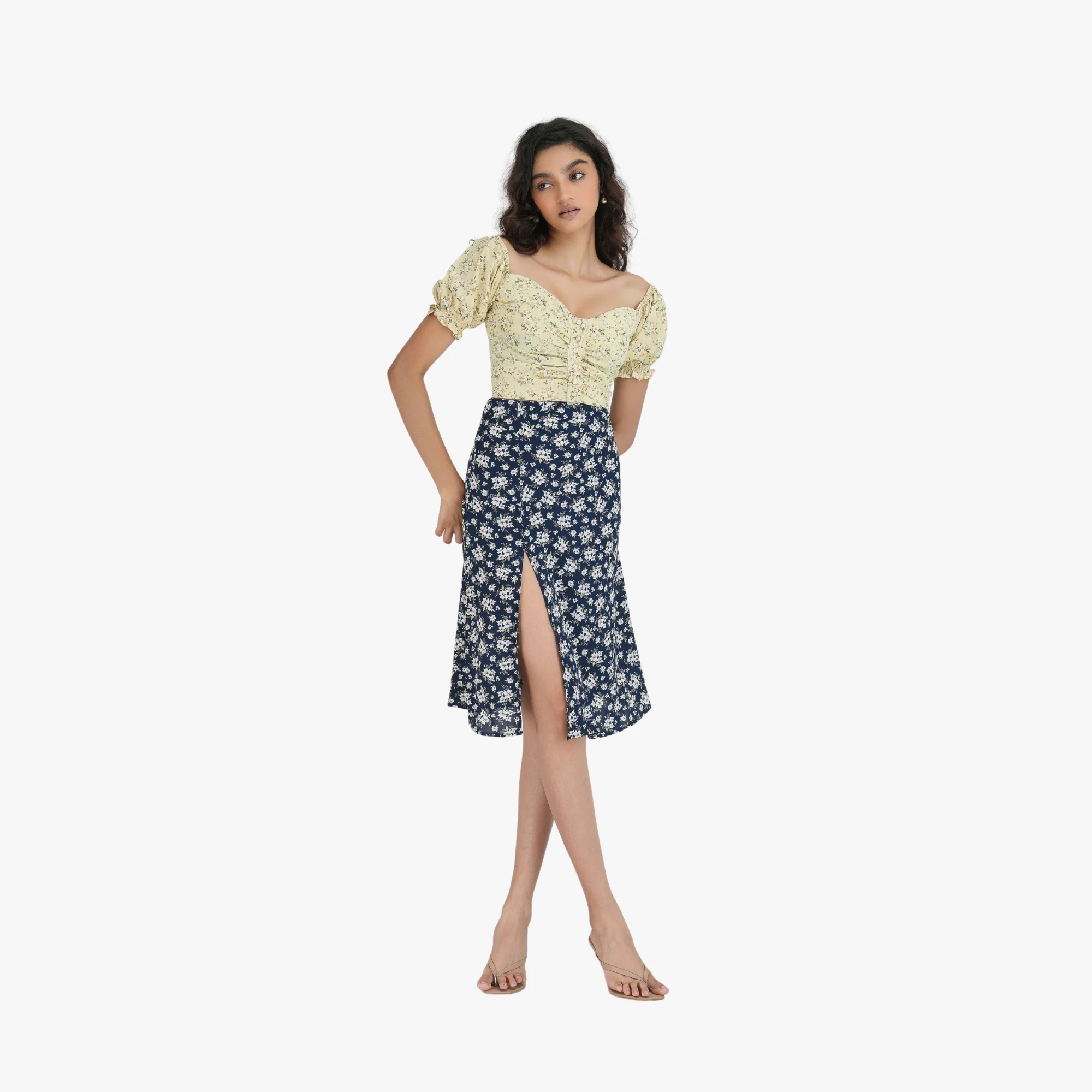 Yellow Short Sleeve Floral Puff Crop Top